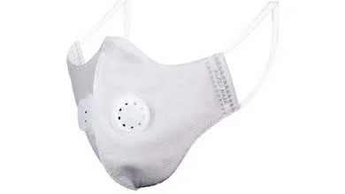 White respirator mask featuring a circular exhalation valve and elastic ear loops.