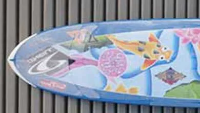 A surfboard with colorful koi fish and flower graphics leans against a gray, horizontally slatted wall.