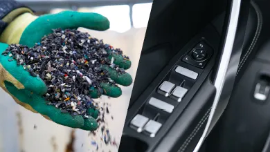 Split image: Left side shows a gloved hand holding colorful recycled plastic pellets; right side shows a close-up of black leather car door controls with metallic buttons.
