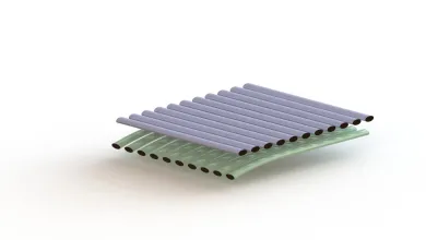 Exploded diagram of a composite sandwich panel with layered fiber sheets and a core.