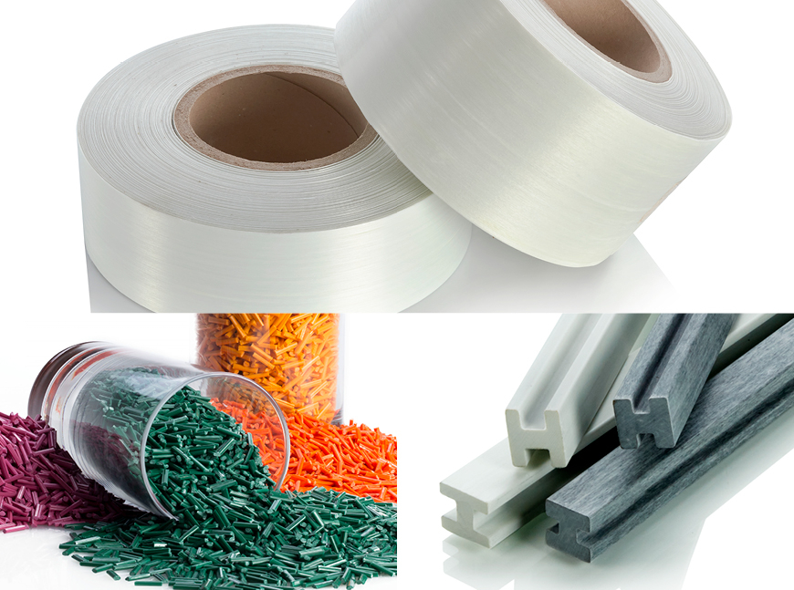 Collage of three images: rolls of white fibrous tape, piles of colorful plastic pellets, and stacked white and gray H-shaped structural beams.