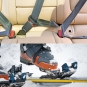 Split image: Top shows a car backseat with a fastened seatbelt; bottom shows a person securing a ski boot into a ski binding on snow.