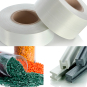 Collage of three images: rolls of white fibrous tape, piles of colorful plastic pellets, and stacked white and gray H-shaped structural beams.