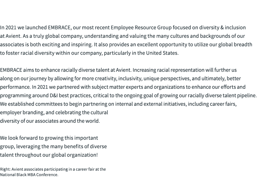  In 2021 we launched EMBRACE, our most recent Employee Resource Group focused on diversity & inclusion at Avient. As...