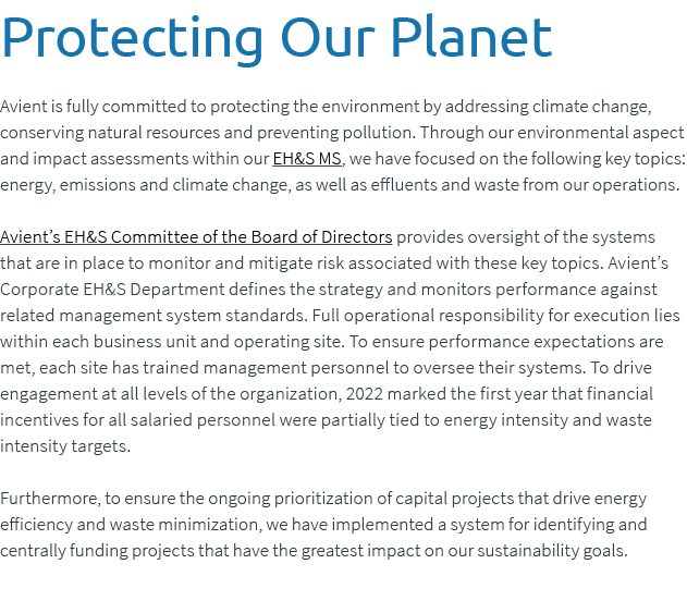 Protecting Our Planet Avient is fully committed to protecting the environment by addressing climate change, conservin...